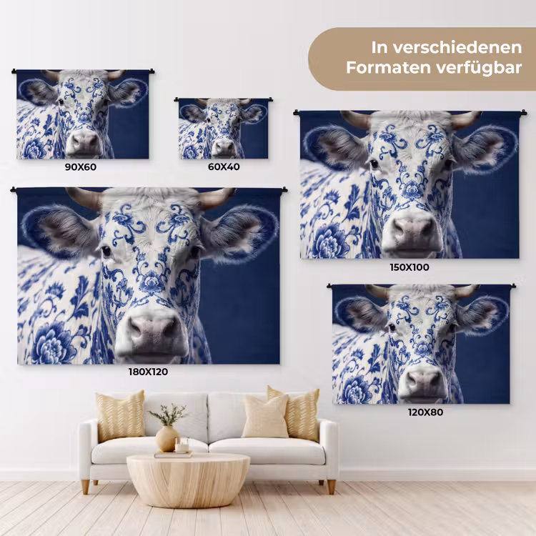 Koe - Delfts - Blauw - Artistiek Wandkleed katoen klein -tsfeer8_DE
