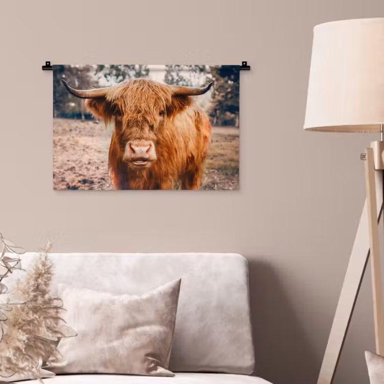 Koe- Schotse hooglander - Hoorns - Bruin - Landschap Wandkleed katoen klein -sfeer4
