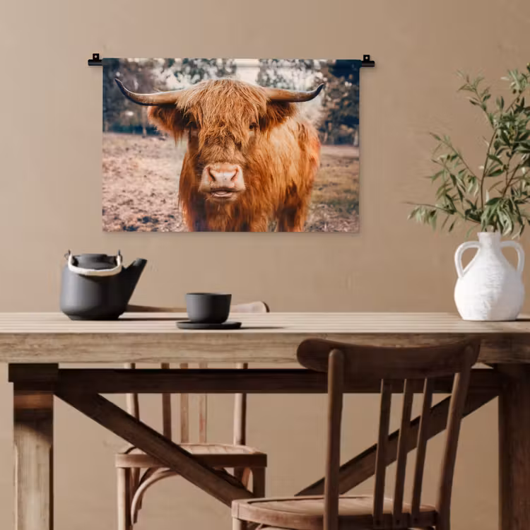 Koe- Schotse hooglander - Hoorns - Bruin - Landschap Wandkleed katoen klein -sfeer6