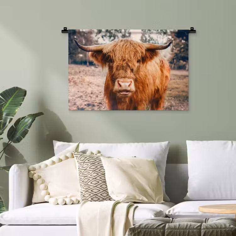 Koe- Schotse hooglander - Hoorns - Bruin - Landschap Wandkleed katoen klein -sfeer7