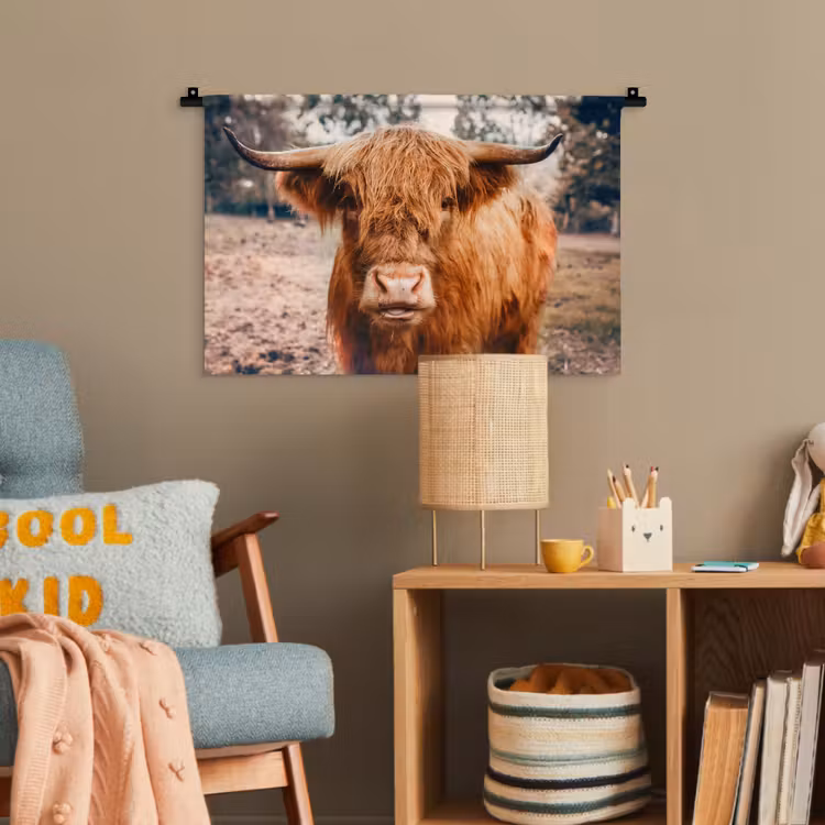 Koe- Schotse hooglander - Hoorns - Bruin - Landschap Wandkleed katoen klein -wsfeer4_kind