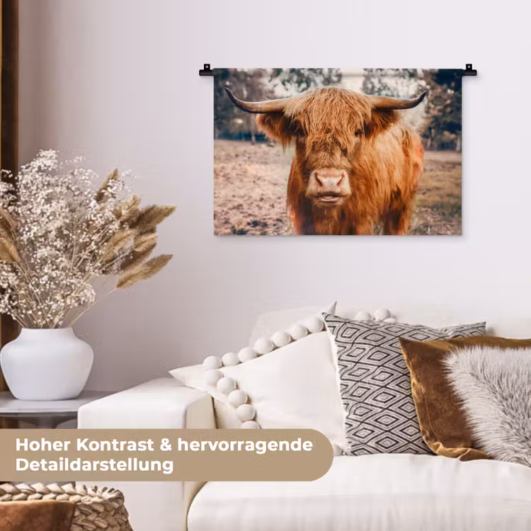 Koe- Schotse hooglander - Hoorns - Bruin - Landschap Wandkleed katoen klein -tsfeer1_DE