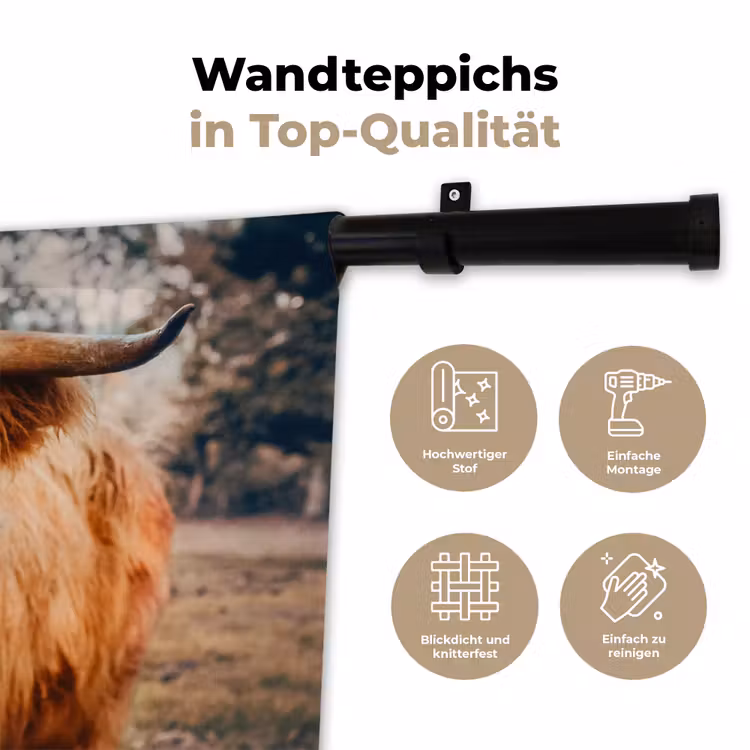 Koe- Schotse hooglander - Hoorns - Bruin - Landschap Wandkleed katoen klein -tsfeer2_DE
