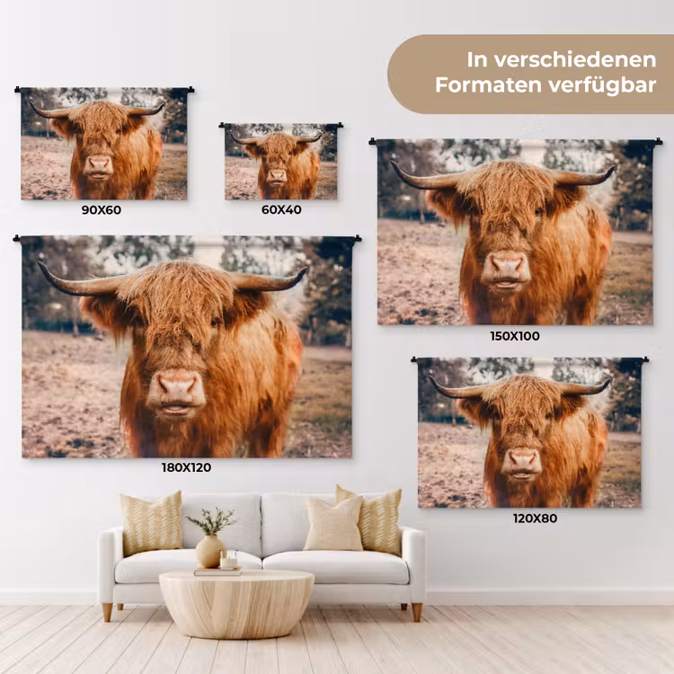 Koe- Schotse hooglander - Hoorns - Bruin - Landschap Wandkleed katoen klein -tsfeer8_DE