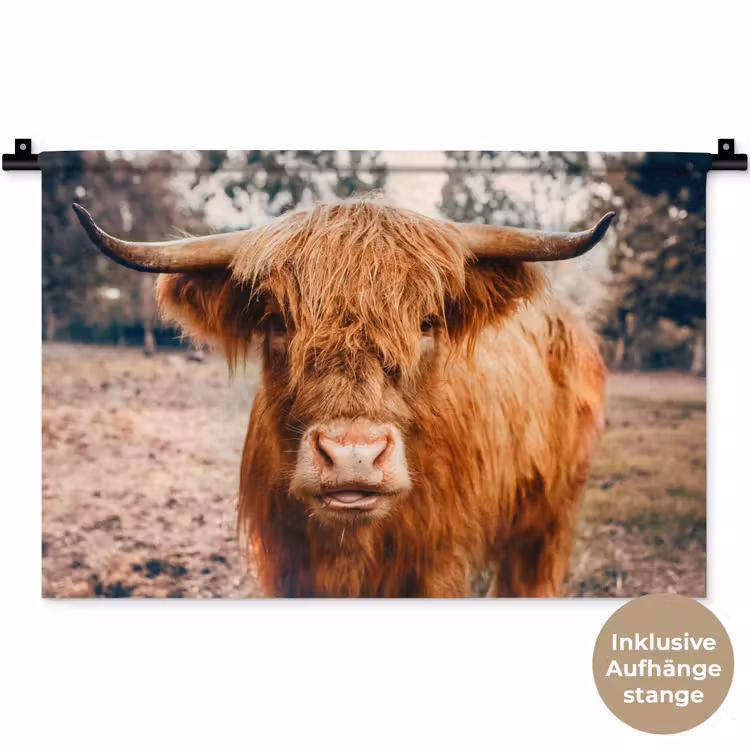 Koe- Schotse hooglander - Hoorns - Bruin - Landschap Wandkleed katoen klein -t3d_DE