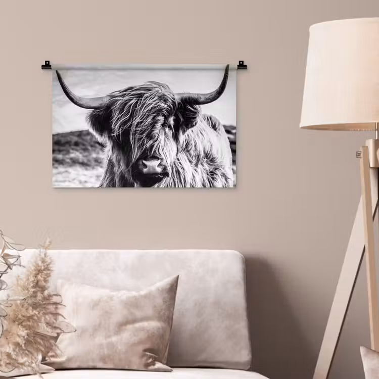 Koe - Schotse hooglander - Zwart - Wit - Dier - Natuur - Wild Wandkleed katoen klein -sfeer4