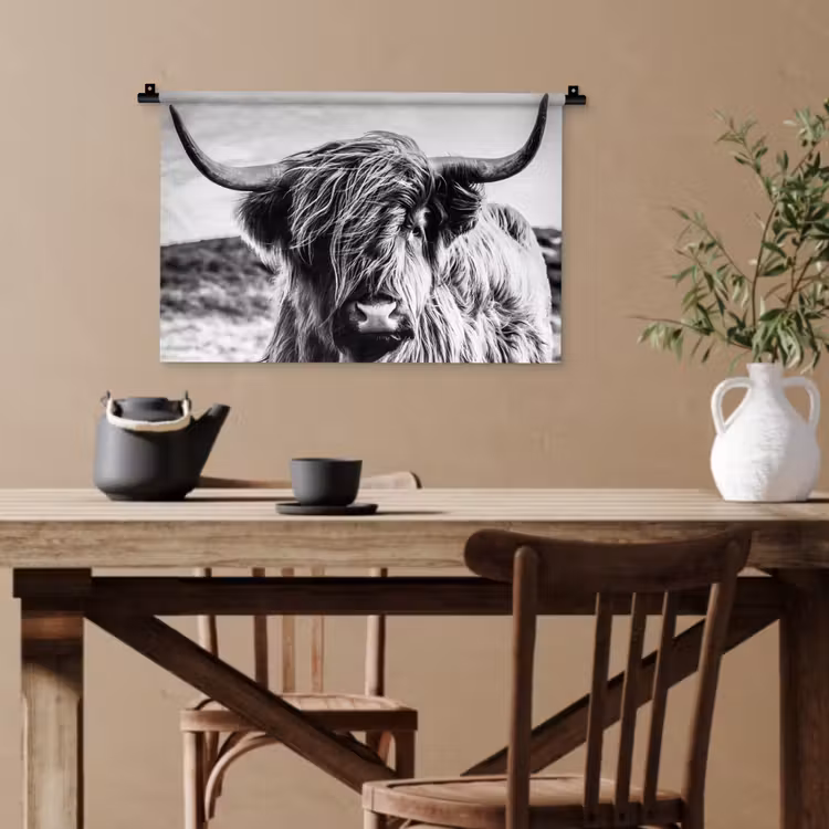 Koe - Schotse hooglander - Zwart - Wit - Dier - Natuur - Wild Wandkleed katoen klein -sfeer6
