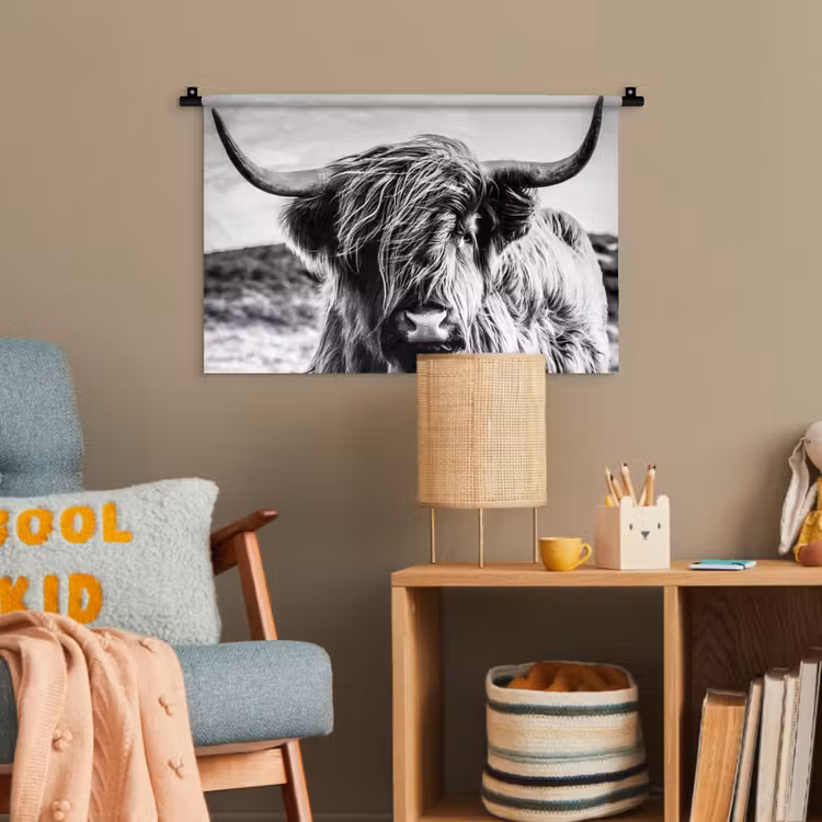 Koe - Schotse hooglander - Zwart - Wit - Dier - Natuur - Wild Wandkleed katoen klein -wsfeer4_kind
