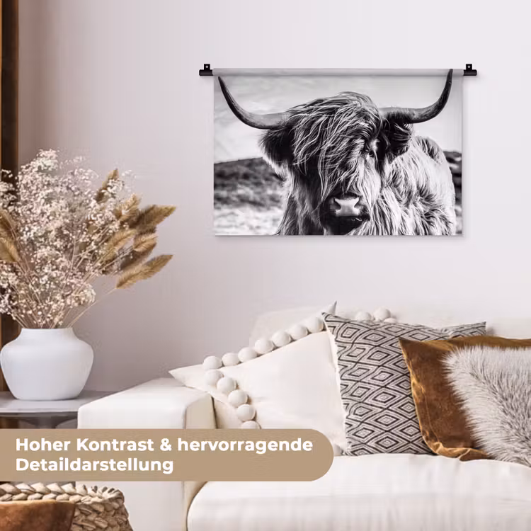 Koe - Schotse hooglander - Zwart - Wit - Dier - Natuur - Wild Wandkleed katoen klein -tsfeer1_DE
