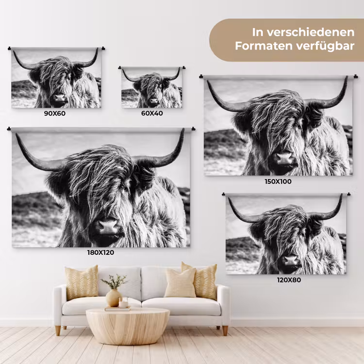 Koe - Schotse hooglander - Zwart - Wit - Dier - Natuur - Wild Wandkleed katoen klein -tsfeer8_DE