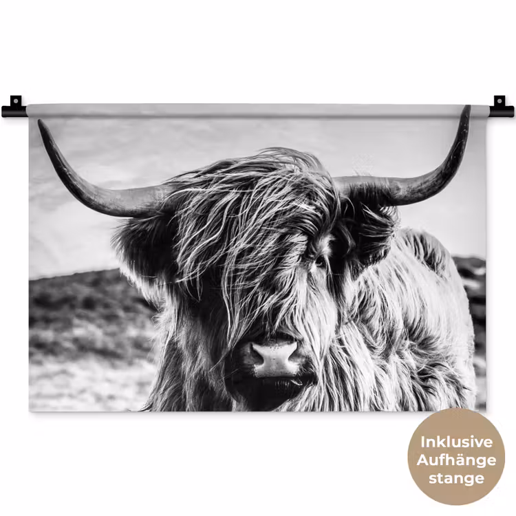 Koe - Schotse hooglander - Zwart - Wit - Dier - Natuur - Wild Wandkleed katoen klein -t3d_DE