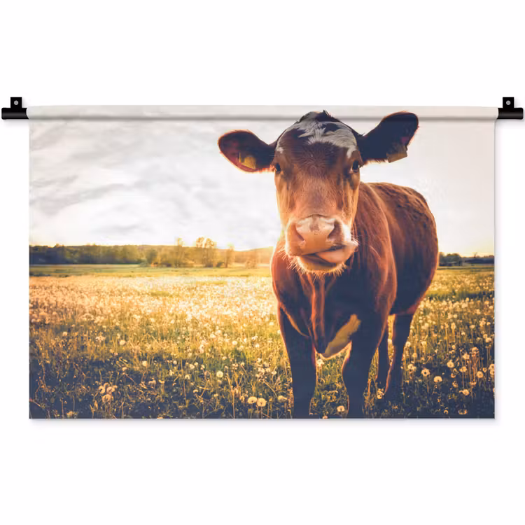 Koe - Zonsondergang - Bloemen - Gras - Dieren Wandkleed katoen klein -zz3d