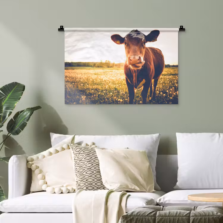 Koe - Zonsondergang - Bloemen - Gras - Dieren Wandkleed katoen klein -sfeer7