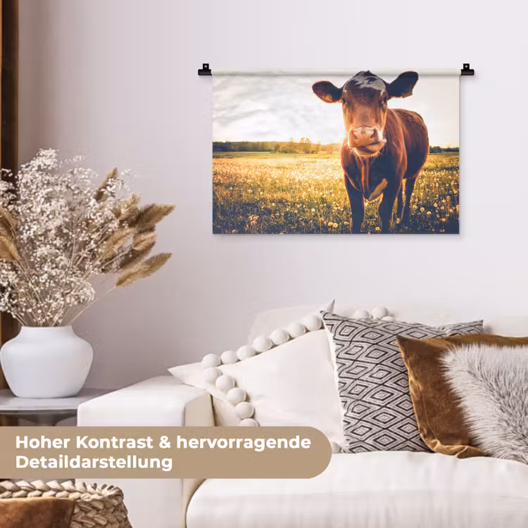 Koe - Zonsondergang - Bloemen - Gras - Dieren Wandkleed katoen klein -tsfeer1_DE