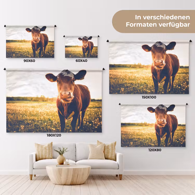 Koe - Zonsondergang - Bloemen - Gras - Dieren Wandkleed katoen klein -tsfeer8_DE