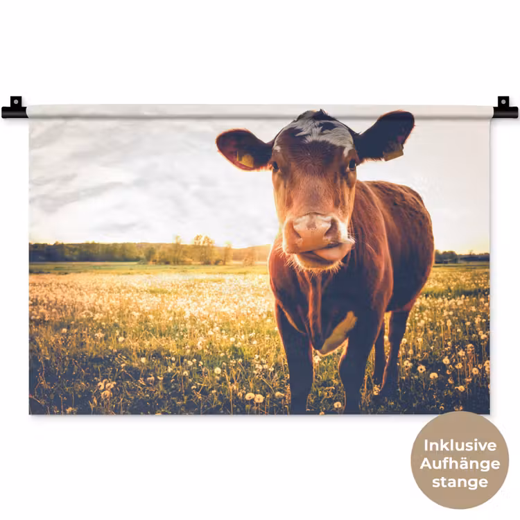 Koe - Zonsondergang - Bloemen - Gras - Dieren Wandkleed katoen klein -t3d_DE
