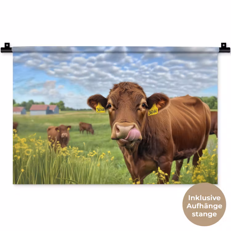 Koe - Weide - Bloemen Wandkleed katoen klein -t3d_DE