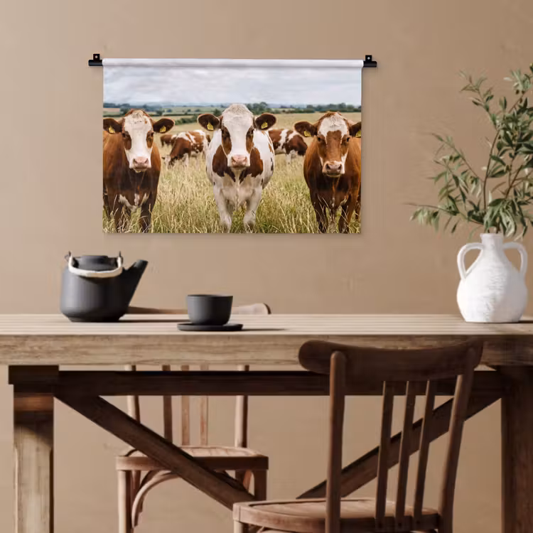Koeien - Portret - Weide - Boerderij - Nieuwsgierig Wandkleed katoen klein -sfeer6