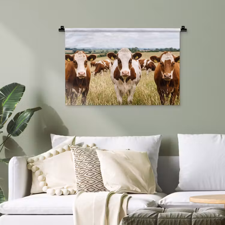 Koeien - Portret - Weide - Boerderij - Nieuwsgierig Wandkleed katoen klein -sfeer7