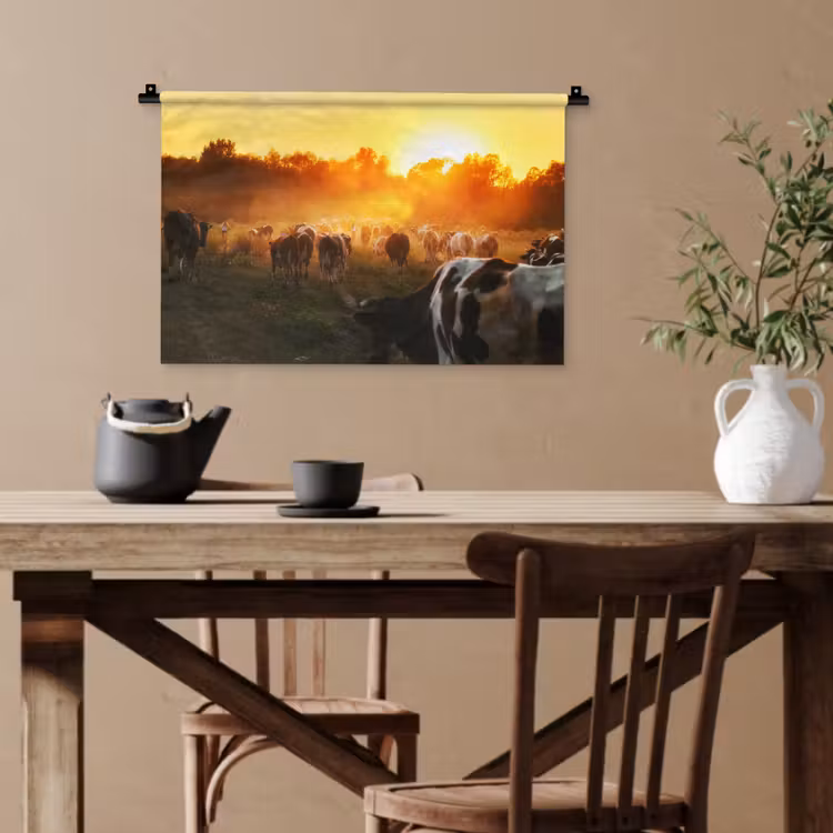 Koeien - Zonsondergang - Weiland - Dieren Wandkleed katoen klein -sfeer6