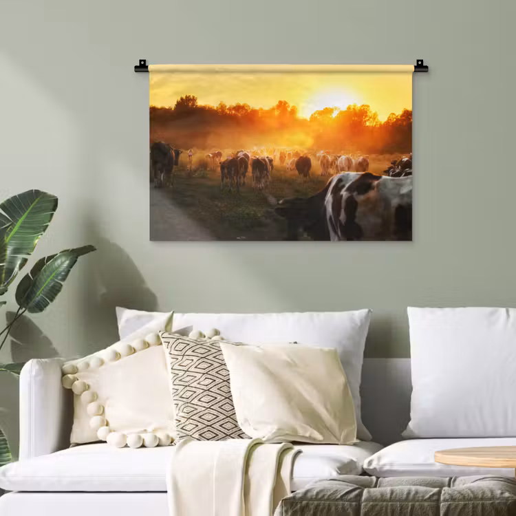 Koeien - Zonsondergang - Weiland - Dieren Wandkleed katoen klein -sfeer7