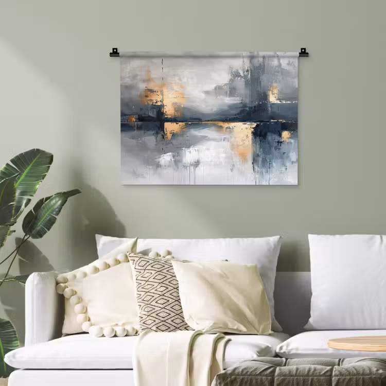 Kunst - Grijs - Goud - Abstract Wandkleed katoen klein -sfeer7