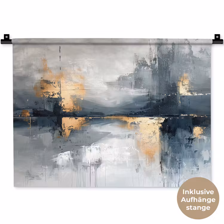 Kunst - Grijs - Goud - Abstract Wandkleed katoen klein -t3d_DE