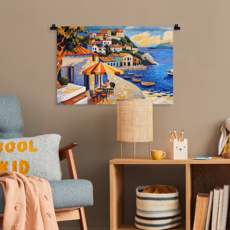 Kustdorp - Huisjes - Mozaïek - Zee Wandkleed katoen klein -wsfeer4_kind
