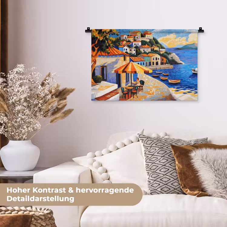 Kustdorp - Huisjes - Mozaïek - Zee Wandkleed katoen klein -tsfeer1_DE