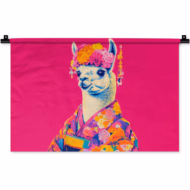 Lama - Kimono - Bloemenkrans - Felroze Wandkleed katoen klein -zz3d