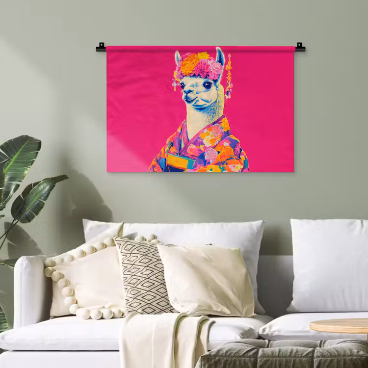 Lama - Kimono - Bloemenkrans - Felroze Wandkleed katoen klein -sfeer7