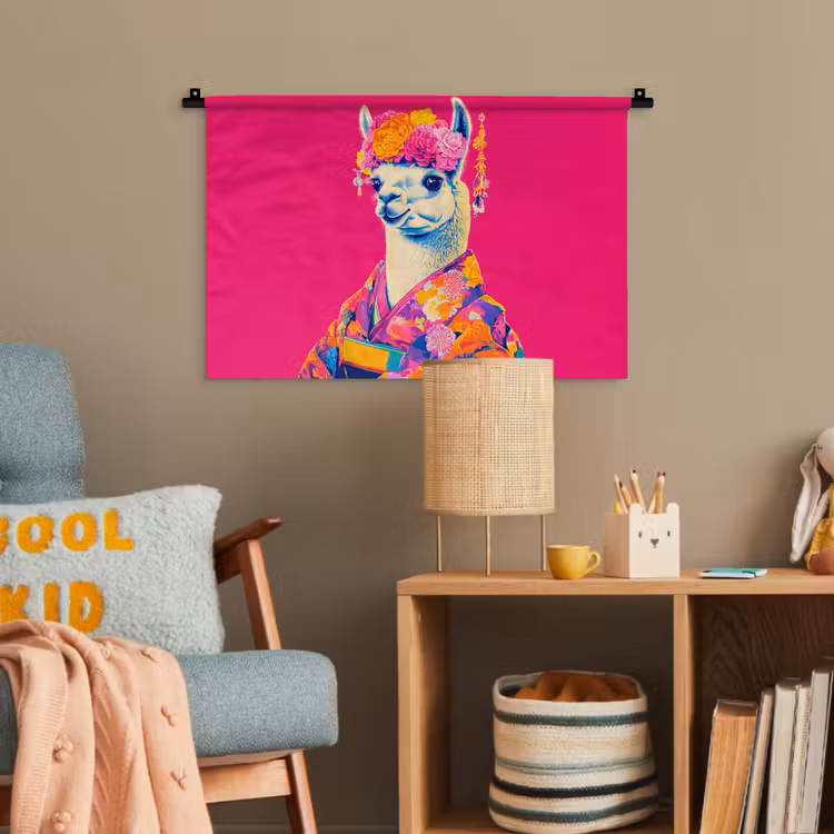 Lama - Kimono - Bloemenkrans - Felroze Wandkleed katoen klein -wsfeer4_kind