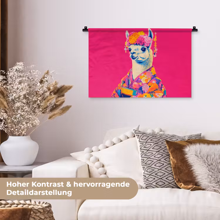 Lama - Kimono - Bloemenkrans - Felroze Wandkleed katoen klein -tsfeer1_DE