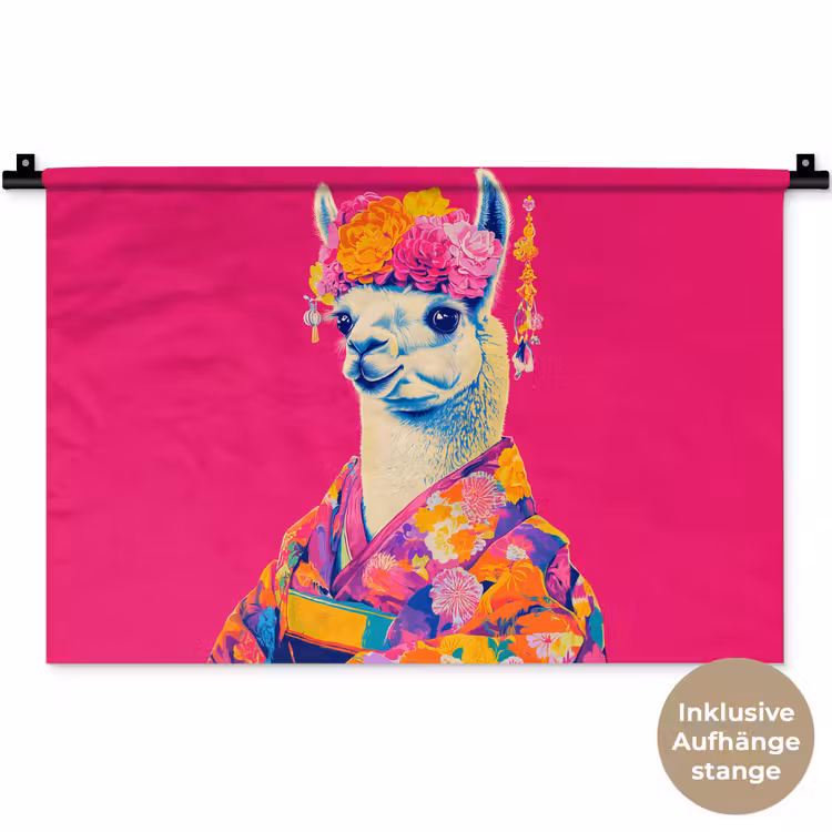 Lama - Kimono - Bloemenkrans - Felroze Wandkleed katoen klein -t3d_DE