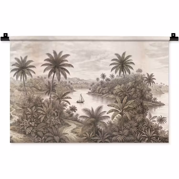 Landschap - Rivier - Boot - Tropisch - Vintage Wandkleed katoen klein -zz3d