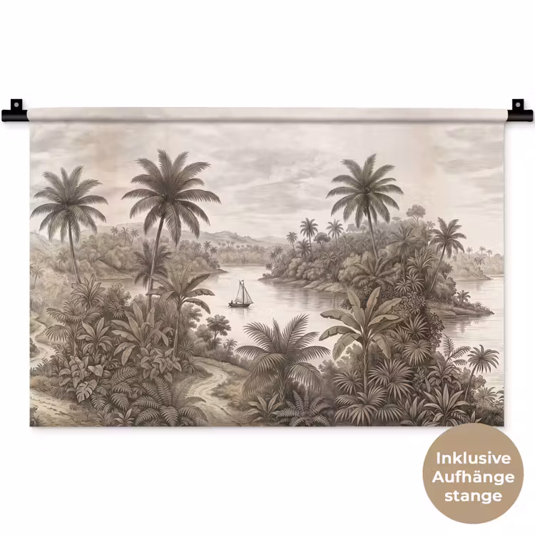 Landschap - Rivier - Boot - Tropisch - Vintage Wandkleed katoen klein -t3d_DE