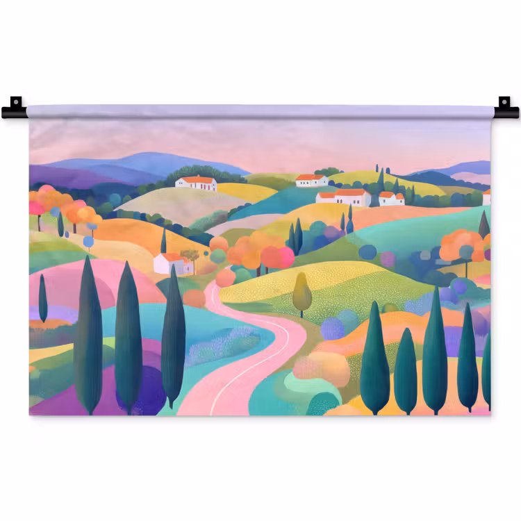 Landschap - Paars - Pastel - Huizen Wandkleed katoen klein -zz3d
