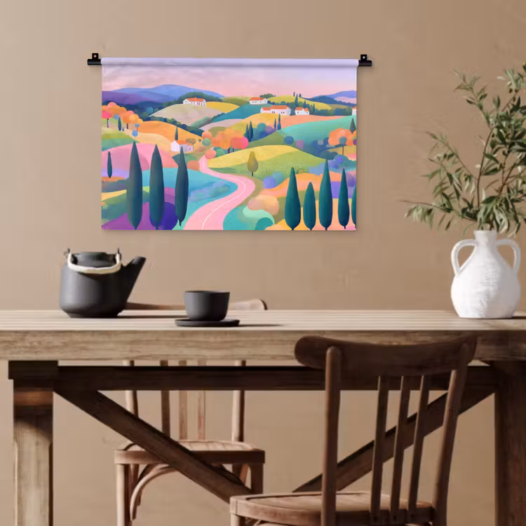 Landschap - Paars - Pastel - Huizen Wandkleed katoen klein -sfeer6