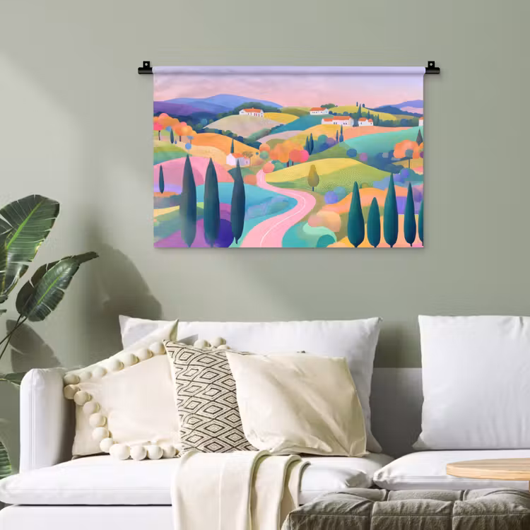 Landschap - Paars - Pastel - Huizen Wandkleed katoen klein -sfeer7