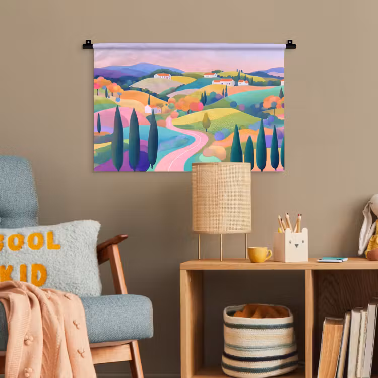 Landschap - Paars - Pastel - Huizen Wandkleed katoen klein -wsfeer4_kind