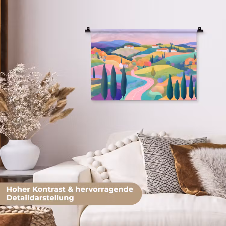 Landschap - Paars - Pastel - Huizen Wandkleed katoen klein -tsfeer1_DE