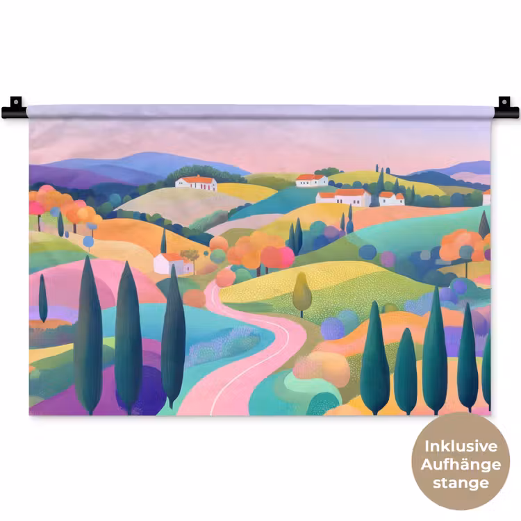Landschap - Paars - Pastel - Huizen Wandkleed katoen klein -t3d_DE