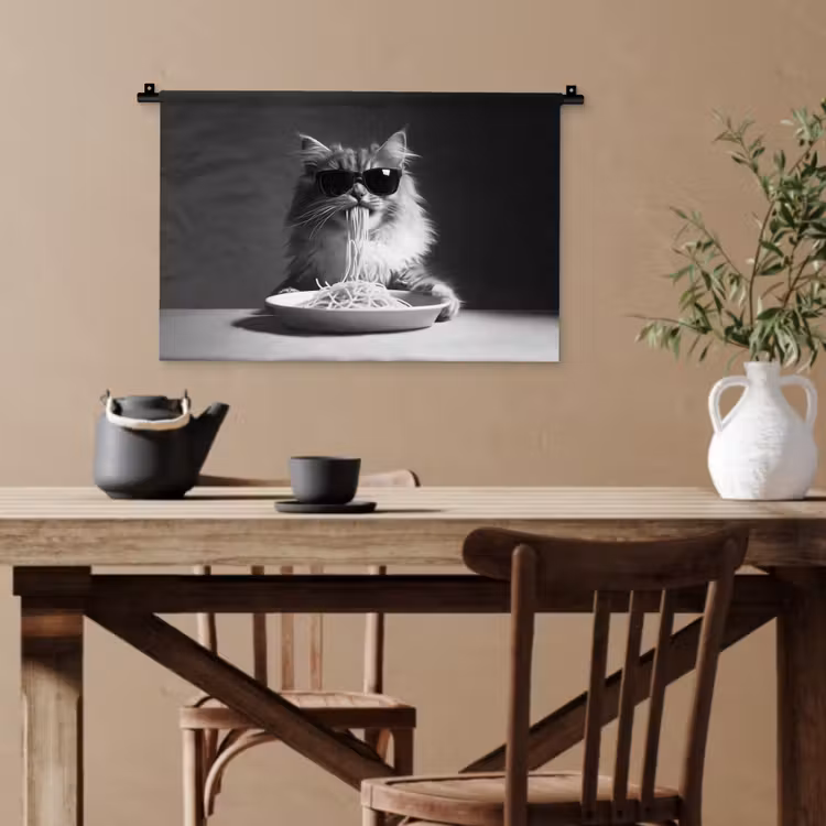 Langharige kat - Zonnebril - Spaghetti - Humor - Zwart - wit Wandkleed katoen klein -sfeer6