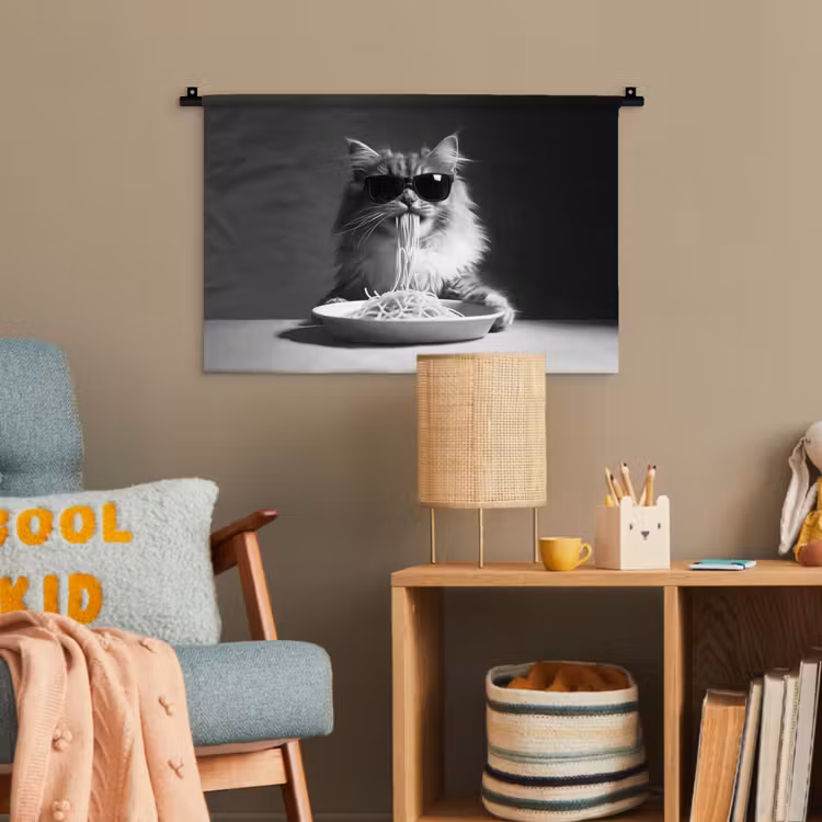 Langharige kat - Zonnebril - Spaghetti - Humor - Zwart - wit Wandkleed katoen klein -wsfeer4_kind