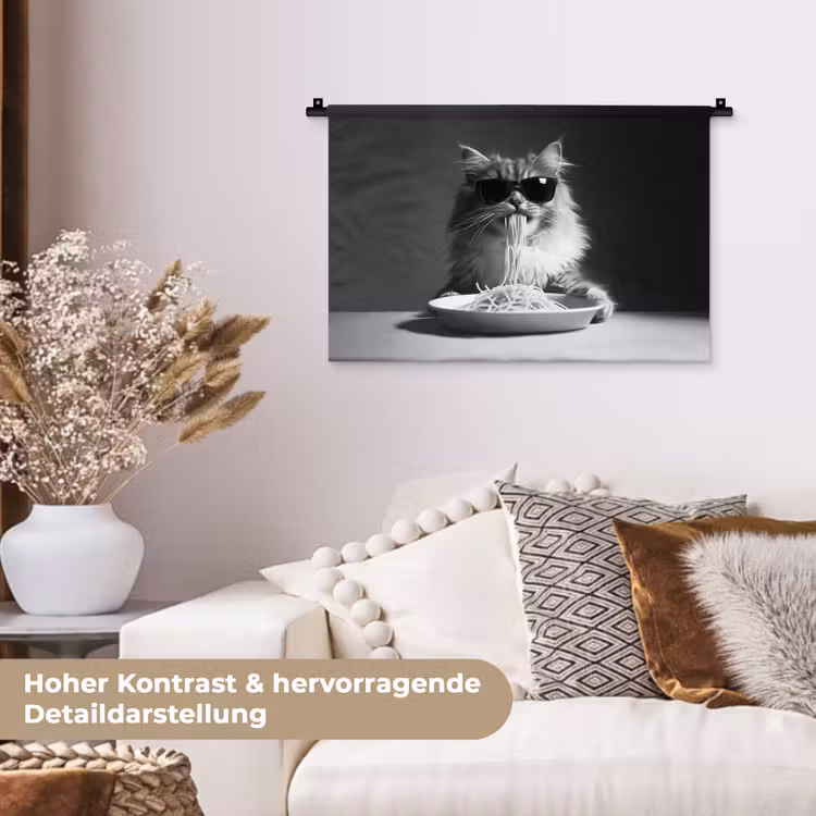 Langharige kat - Zonnebril - Spaghetti - Humor - Zwart - wit Wandkleed katoen klein -tsfeer1_DE