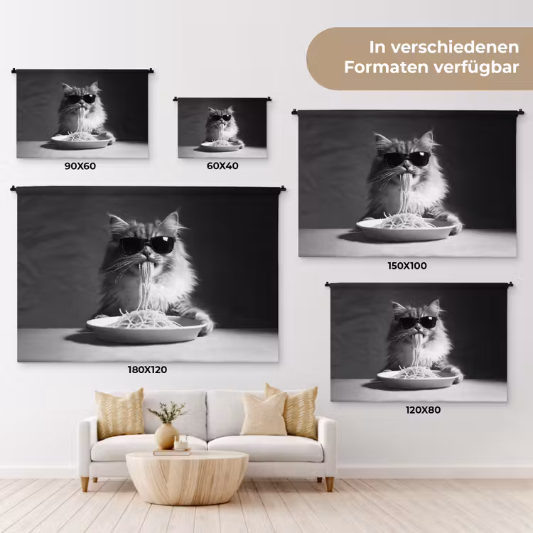 Langharige kat - Zonnebril - Spaghetti - Humor - Zwart - wit Wandkleed katoen klein -tsfeer8_DE