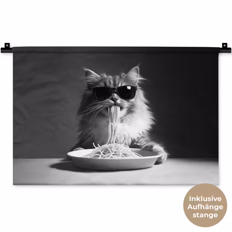 Langharige kat - Zonnebril - Spaghetti - Humor - Zwart - wit Wandkleed katoen klein -t3d_DE