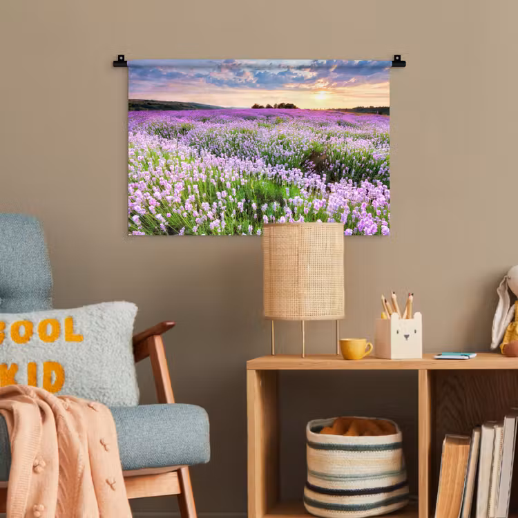 Lavendel - Bloemen - Zonsondergang - Paars - Weide Wandkleed katoen klein -wsfeer4_kind