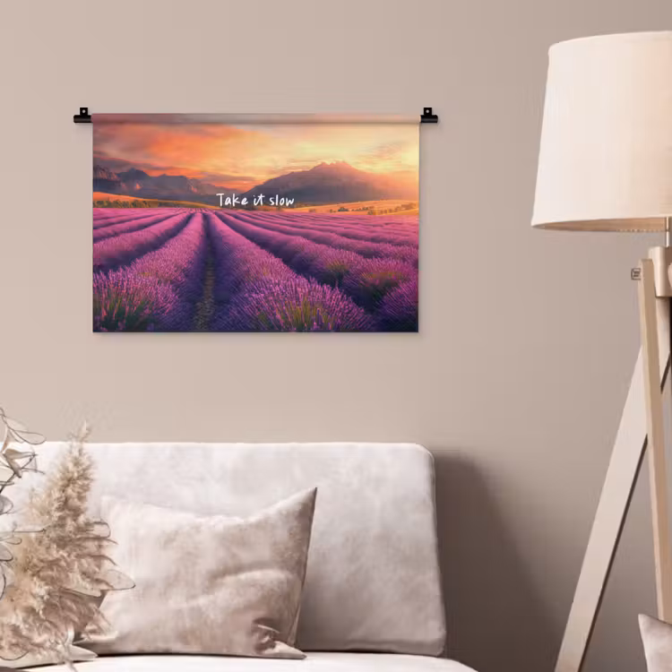 Lavendelveld - Quote - Zonsondergang Wandkleed katoen klein -sfeer4