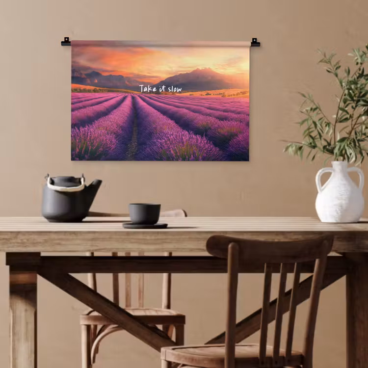 Lavendelveld - Quote - Zonsondergang Wandkleed katoen klein -sfeer6